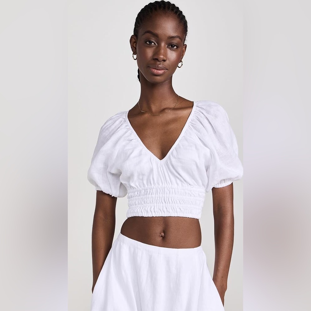 Faithfull the Brand White Smocked Puff Sleeve Crop Top